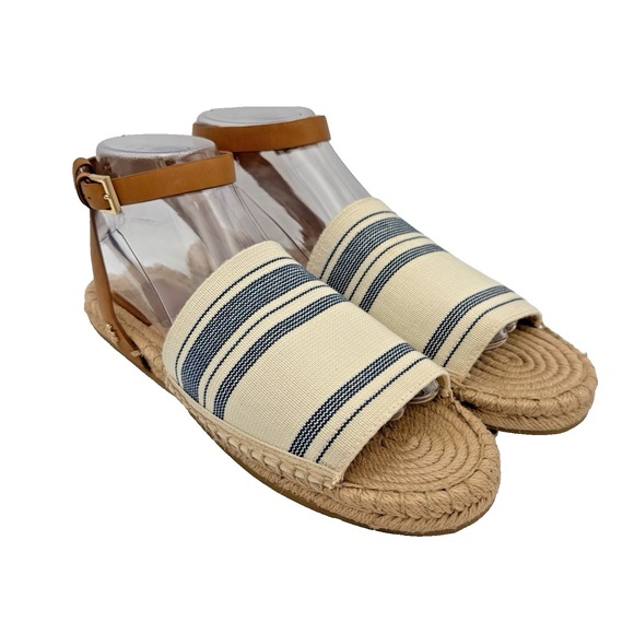 Tory Burch Shoes - Tory Burch Espadrille Sandals Blue Ivory Striped Leather Ankle Strap Jute Size 8